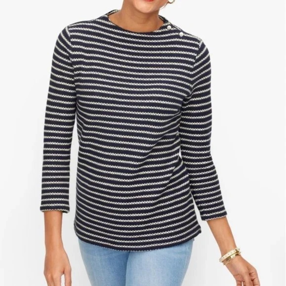 Talbots Navy White Striped Nautical Knit Sweater XL Workwear Casual Minimalist‎